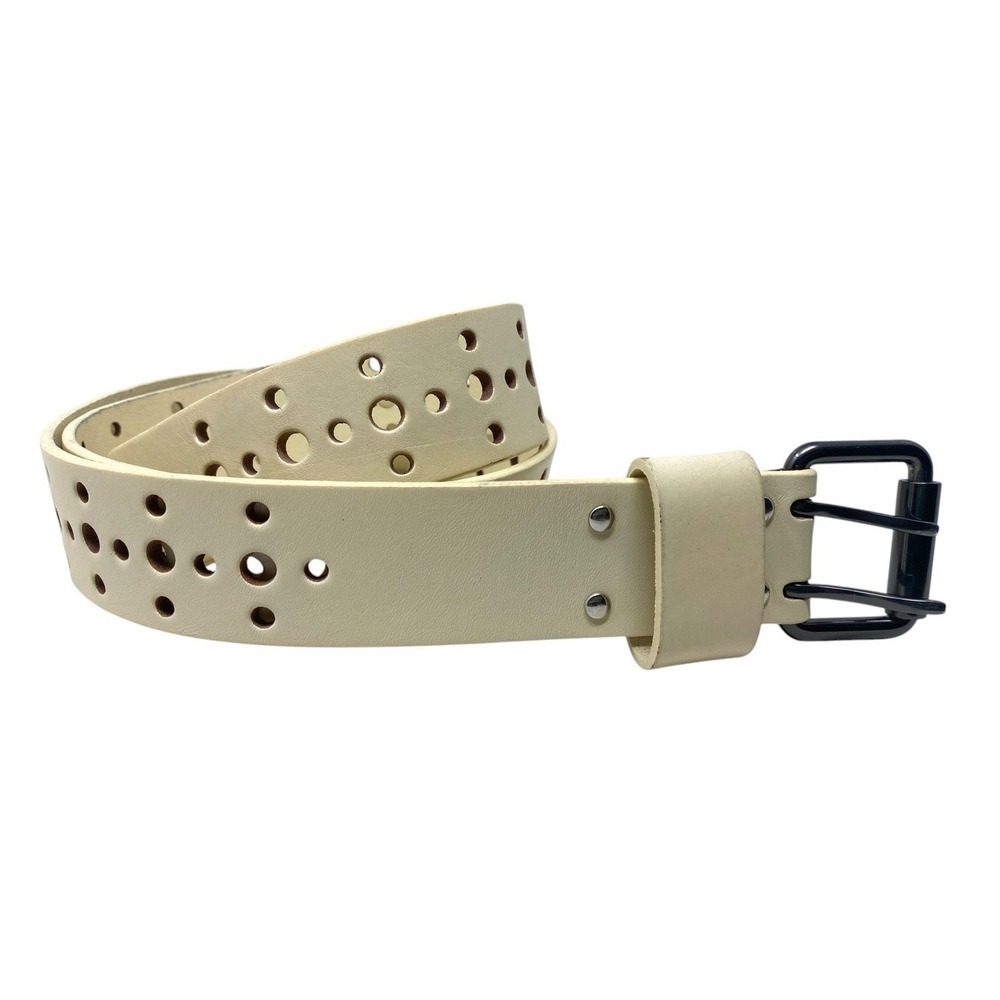 Womens Off White Double Buckle Grommet Cut Out Design Belt 40" Long - Punk Rock